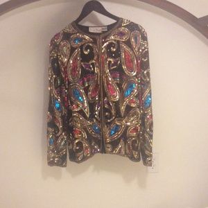Laurence Kazar Vintage Multi-colored Embellished Sequin Party Jacket Top L